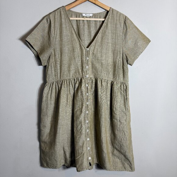 Madewell Linen-Blend Alexandra Button-Front Mini Dress Womens Large Olive Branch - Picture 6 of 14